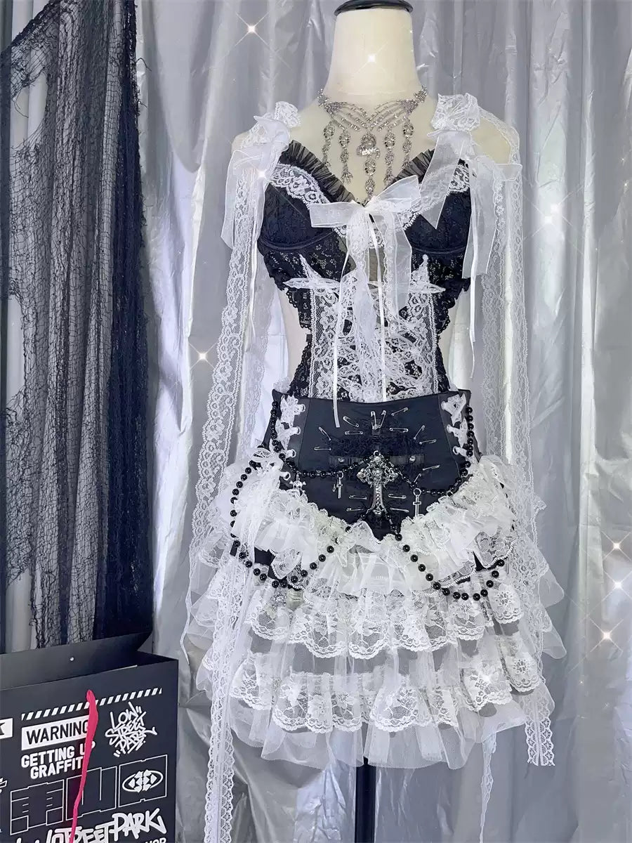 Black Steampunk Gothic Lolita Cross Bead Chain Skirt