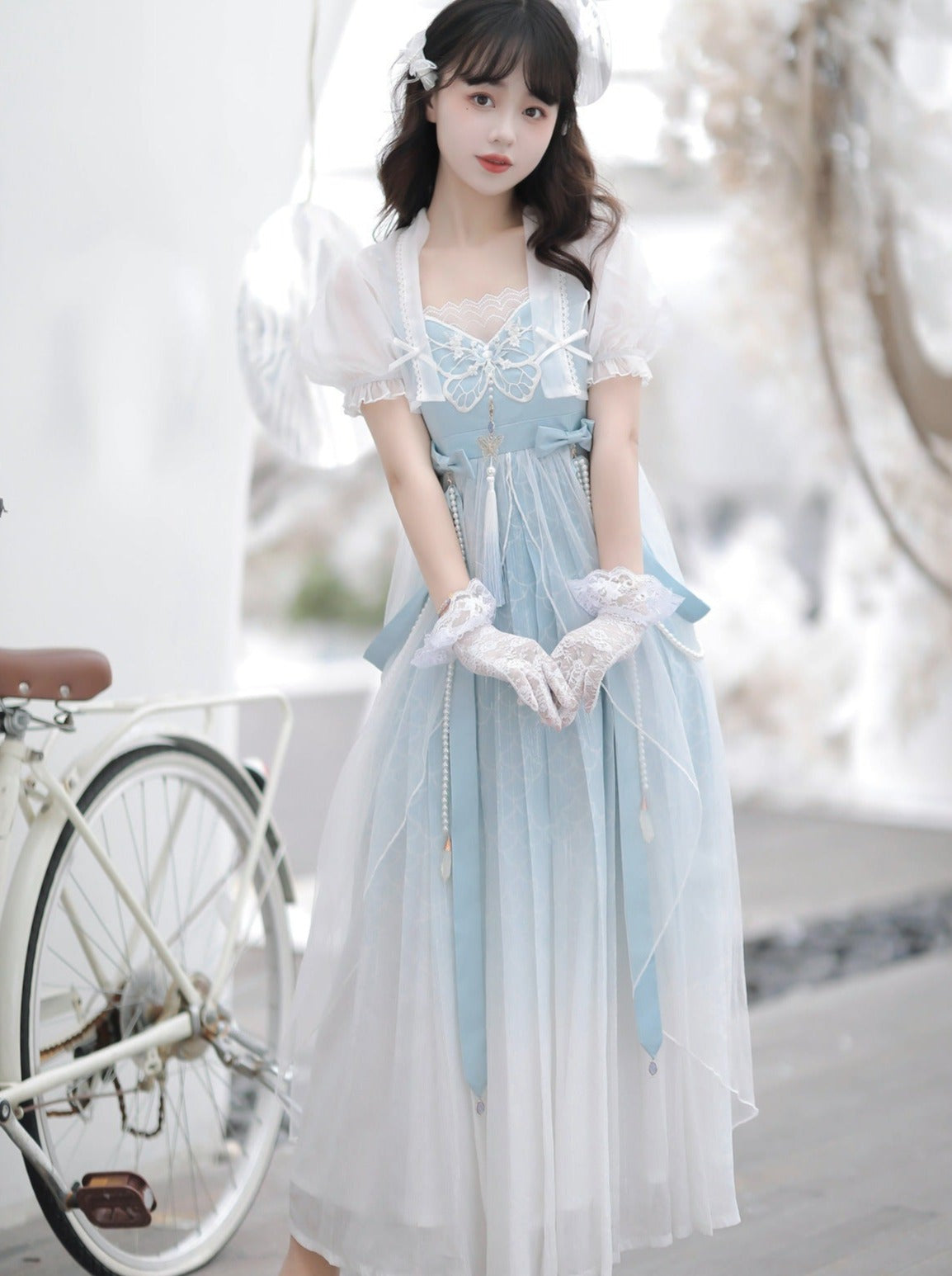 Blaues, durchsichtiges Sommerkleid mit Schalkragen + Lolita-Chinesisch