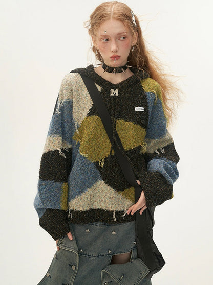 フード付きカラーレトロブロックニット