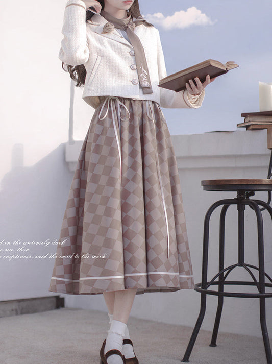 Skirt Suit Short + Shirt Rose Check + Retro Tie Brooch + Bow French Jacket Lace-Up
