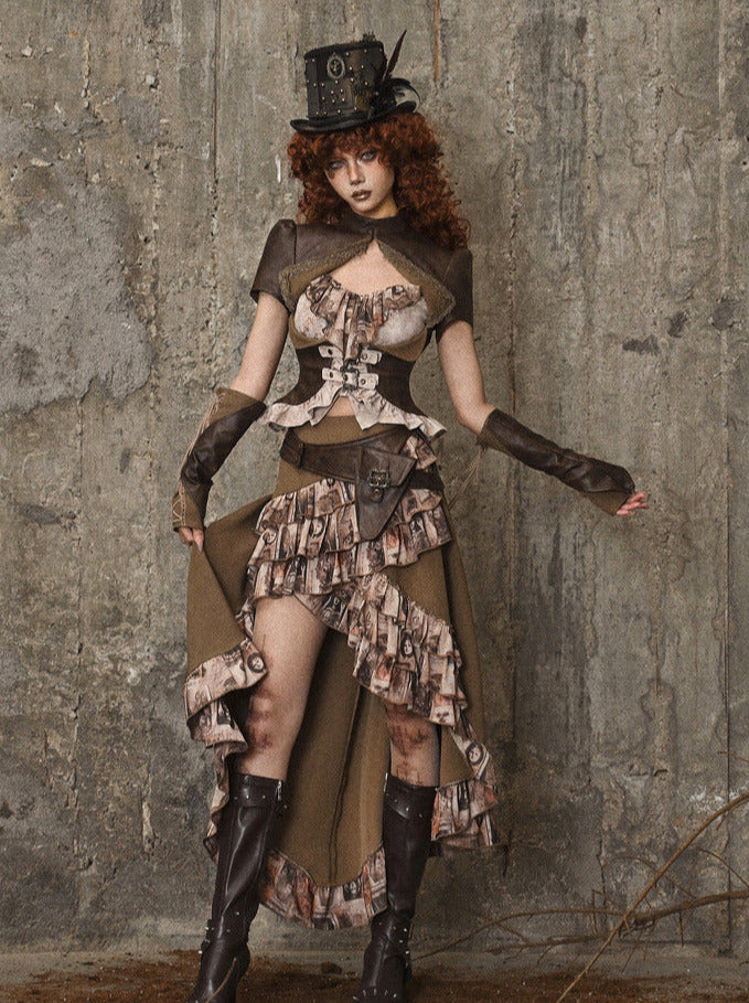 バッグフリルトレーリングスカートPUウエストスチームパンクアンティークレトロ