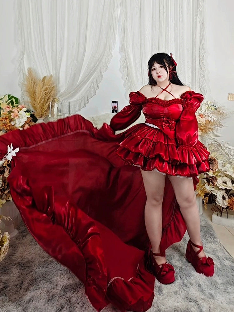 Plus Size Burgundy Satin Ball Rose Gown with Long Train Shiny Formal Dress