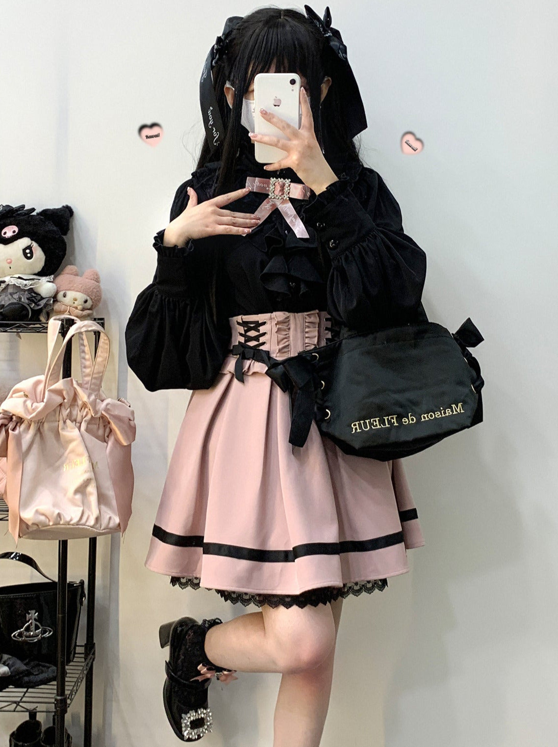 Stand Collar Loose Ruffle Volume Sleeve Ribbon Shirt