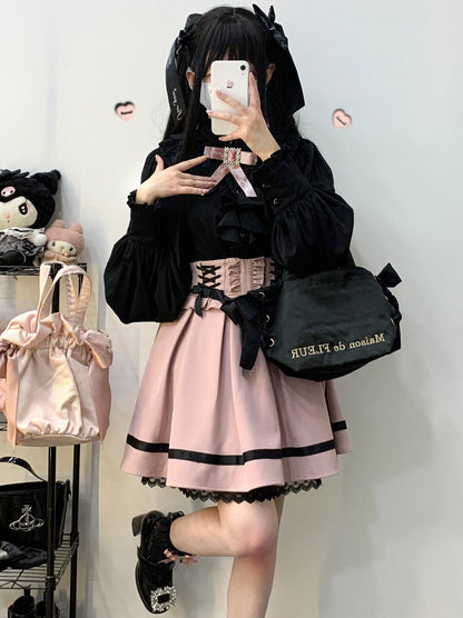 Stand Collar Loose Ruffle Volume Sleeve Ribbon Shirt