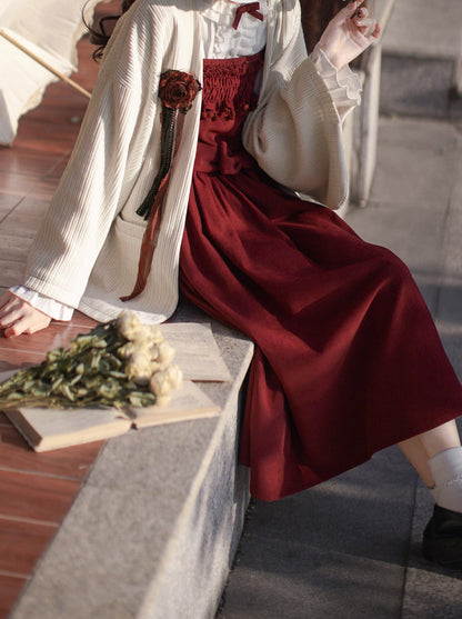 Poem Weave White Feather Dress Innershirt Rose Corsage + Ruffle Red Ruffle Retro Jacket Suspender Rose