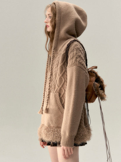 Kapuzenpullover mit Zopfmuster und Reißverschluss