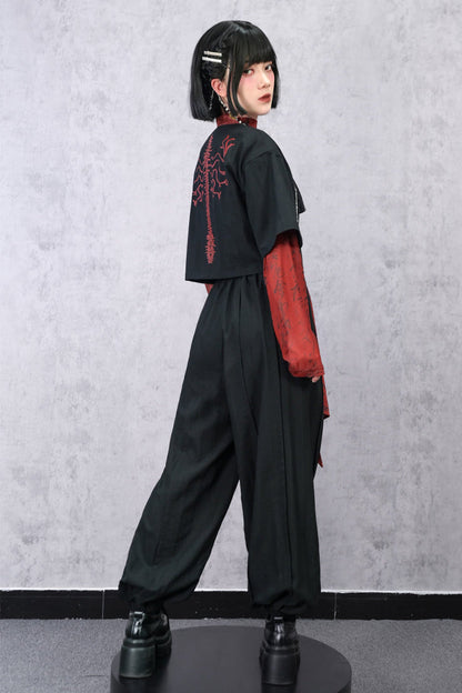 Black China Short V-Neck Top