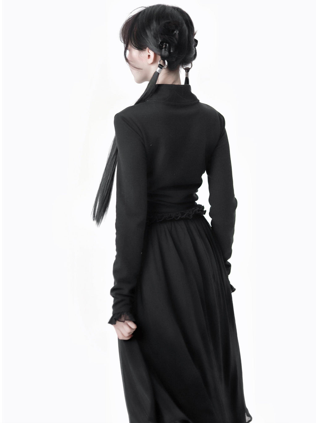 China Hoight Black Knit Springing Waist Frill Turu Dress
