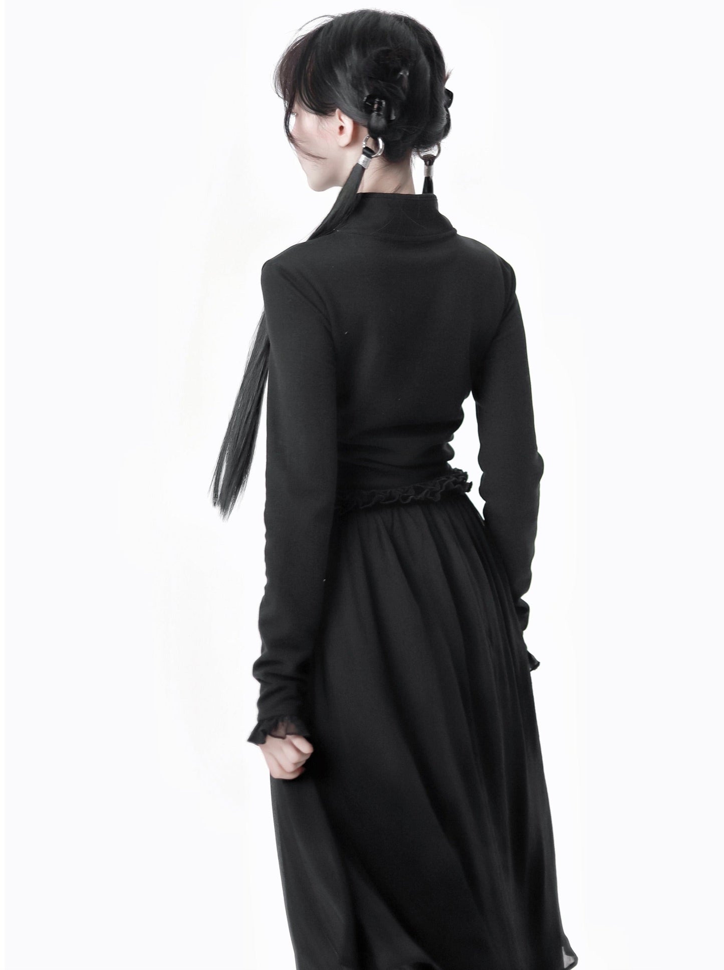 China Hoight Black Knit Springing Waist Frill Turu Dress