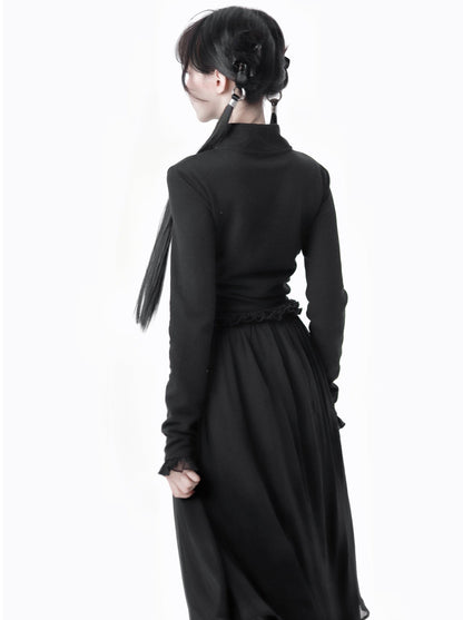China Hoight Black Knit Springing Waist Frill Turu Dress