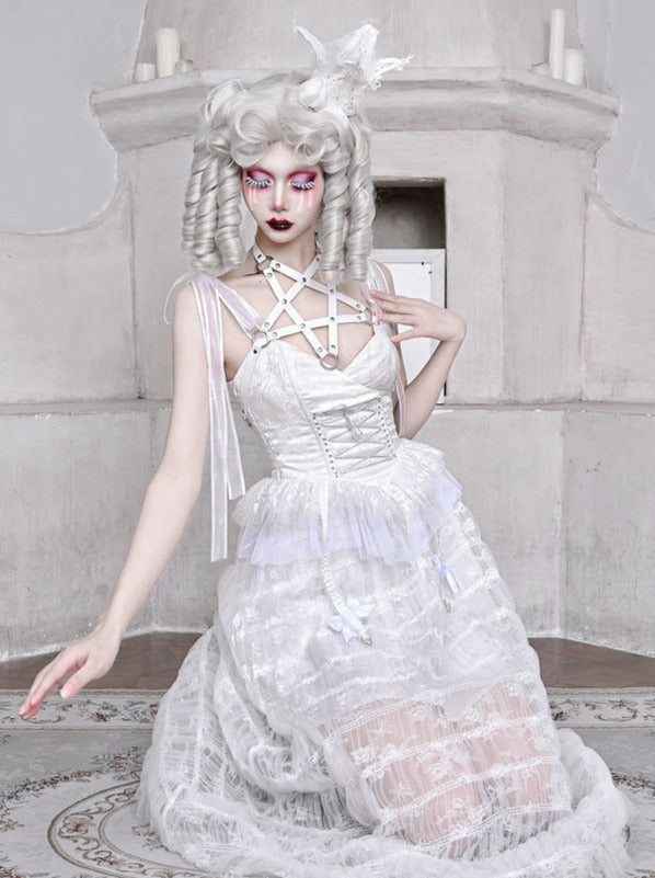 メッシュスリーピングペンタグラムゴシックレースサスペンダーホワイトアリスダークドレス