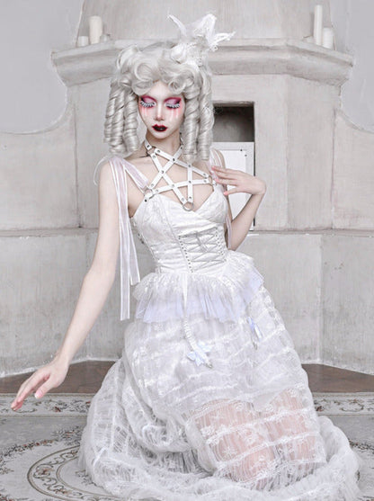 メッシュスリーピングペンタグラムゴシックレースサスペンダーホワイトアリスダークドレス