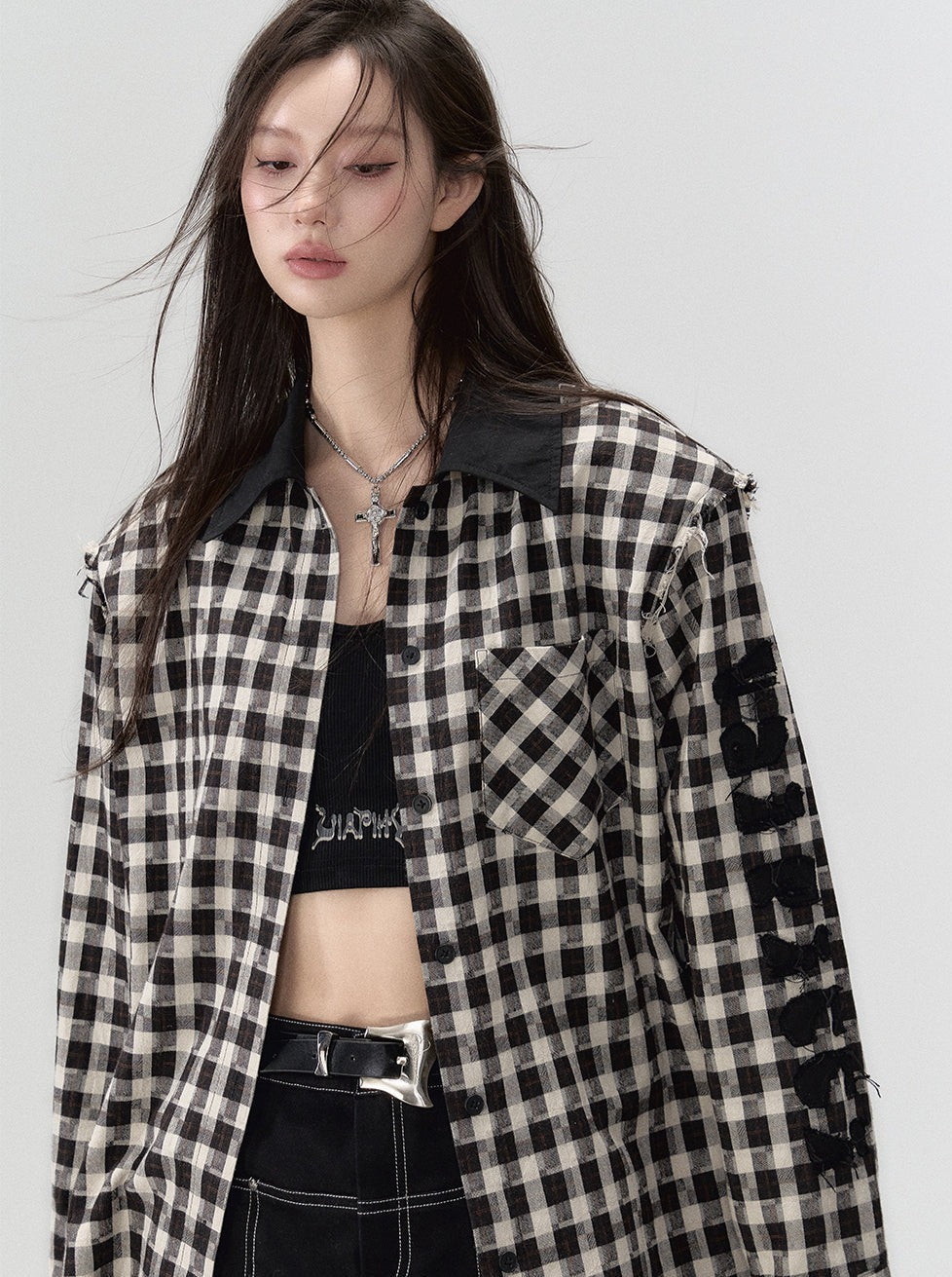 Check Shoulder Loose Silhouette Shirt