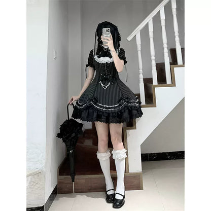 Black Shamrock Gothic Lace High Collar Striped Waist Dress