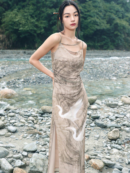 Print Suspender Draped Dress Retro Dark