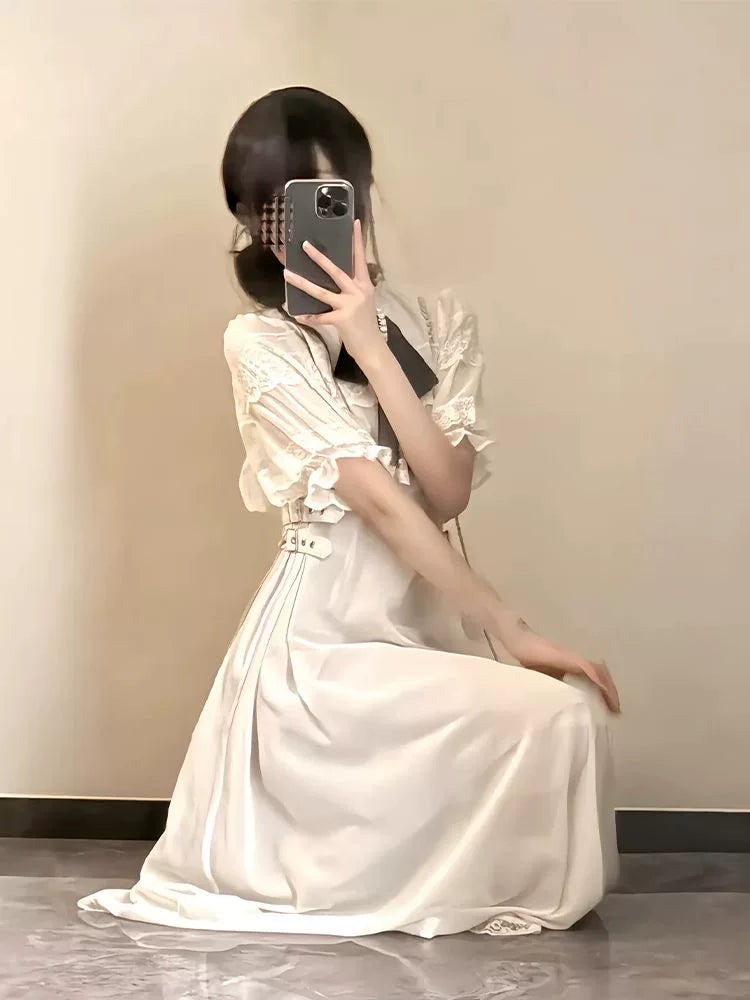 Rojita Cape Sleeve Mesh Bow Lace Midi Dress