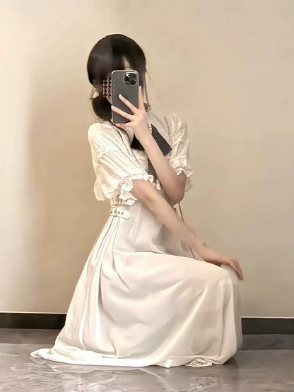 Rojita Cape Sleeve Mesh Bow Lace Midi Dress