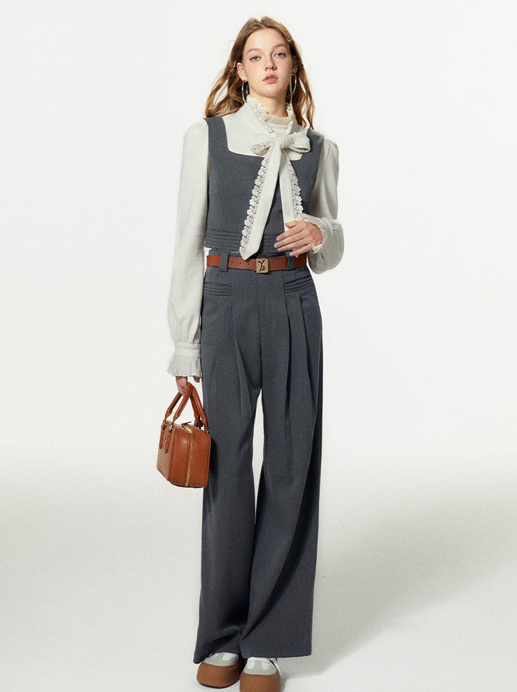 Bow-tie Gray Vest Pleated Knit Pants Slack Suit + Shirt