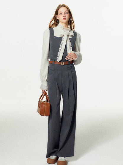 Bow-tie Gray Vest Pleated Knit Pants Slack Suit + Shirt