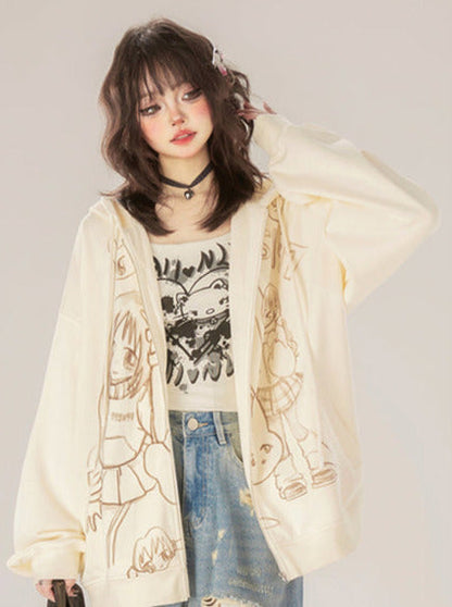 Zip Loose Print Hoodie Girls'