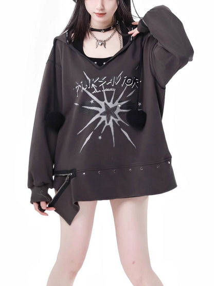 Fur Ball Zip Slit V-Neck Hoodie + Halter Neck Cami Top