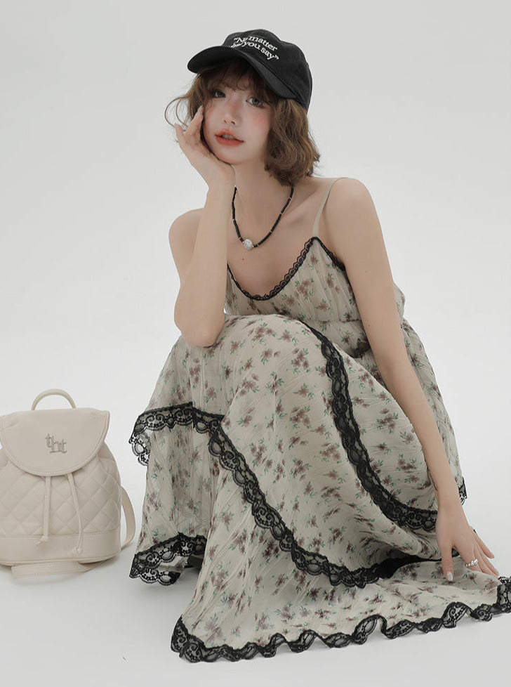 ドレス プリント サスペンダー ティアード フローラル レース