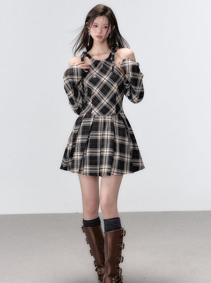 Line Ribbon Suspender Dress French Check