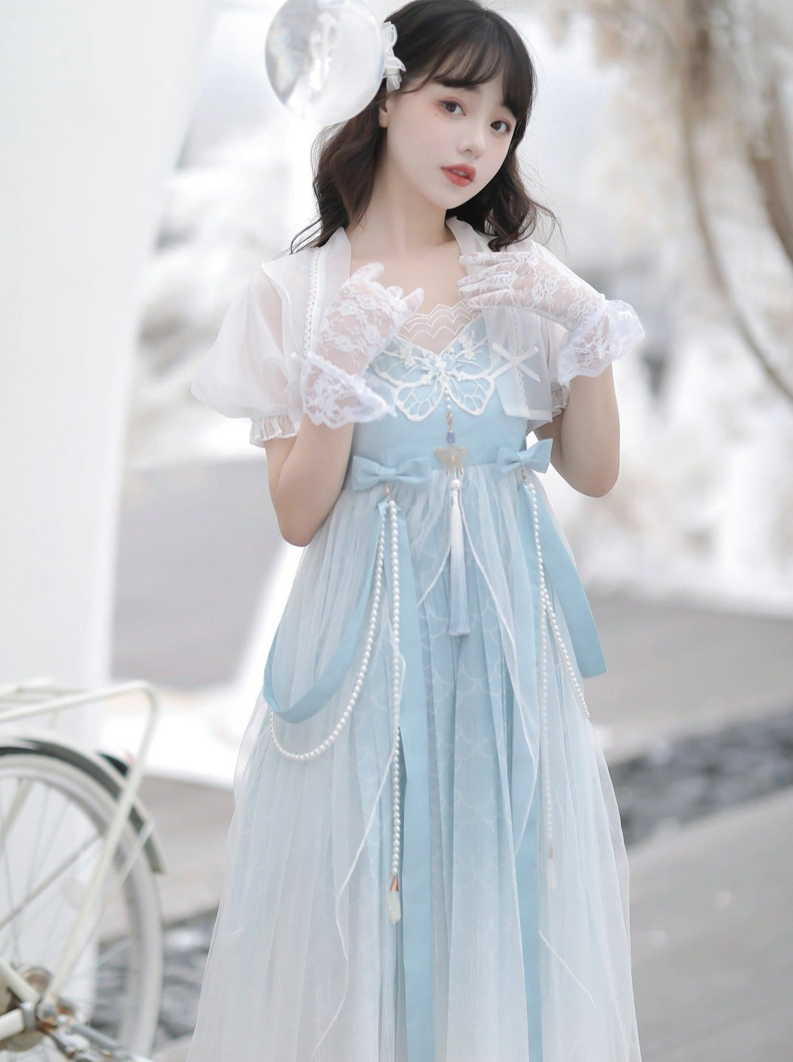 Blaues, durchsichtiges Sommerkleid mit Schalkragen + Lolita-Chinesisch