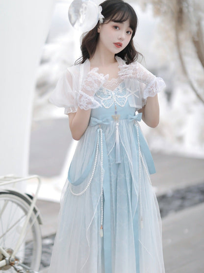 Blaues, durchsichtiges Sommerkleid mit Schalkragen + Lolita-Chinesisch