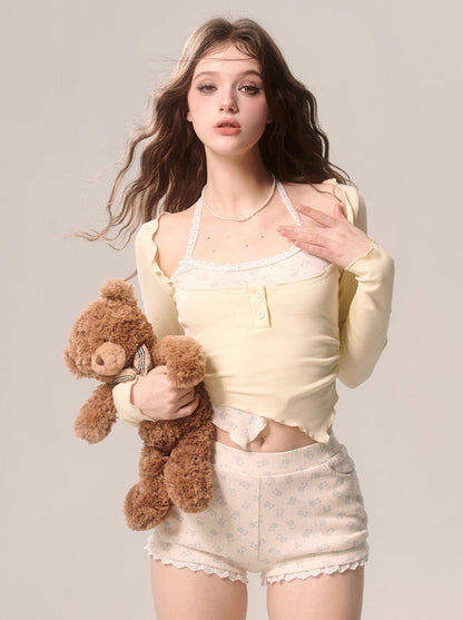 ミルキーフェイクピースクリームアイホルターツートップネックイエロー