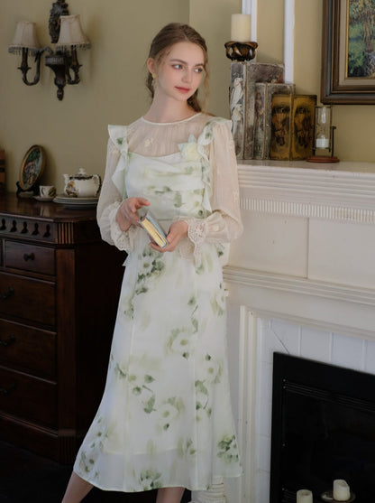 スカートトップ グリーン キャミソール フラワー シアー + シフォン