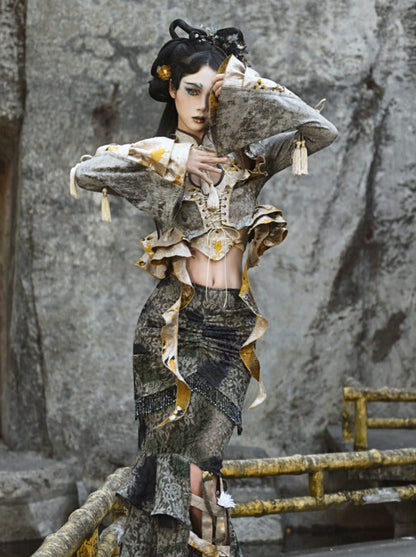 ドラゴンストラップタッセルフェスティバルチャイナレースジャケットショート