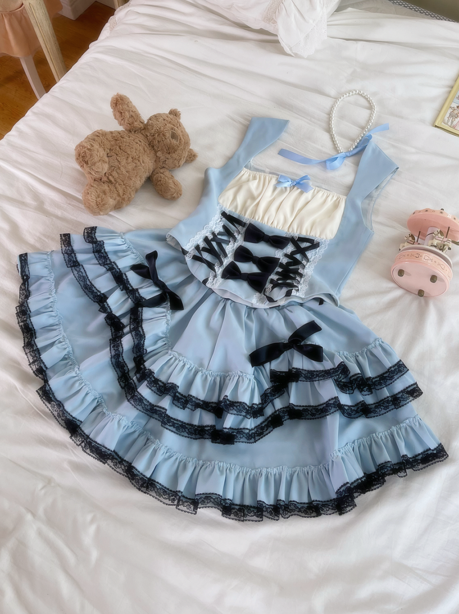 Skirt Subculture Lace Up Cake Top Strap Princess Set + Vest