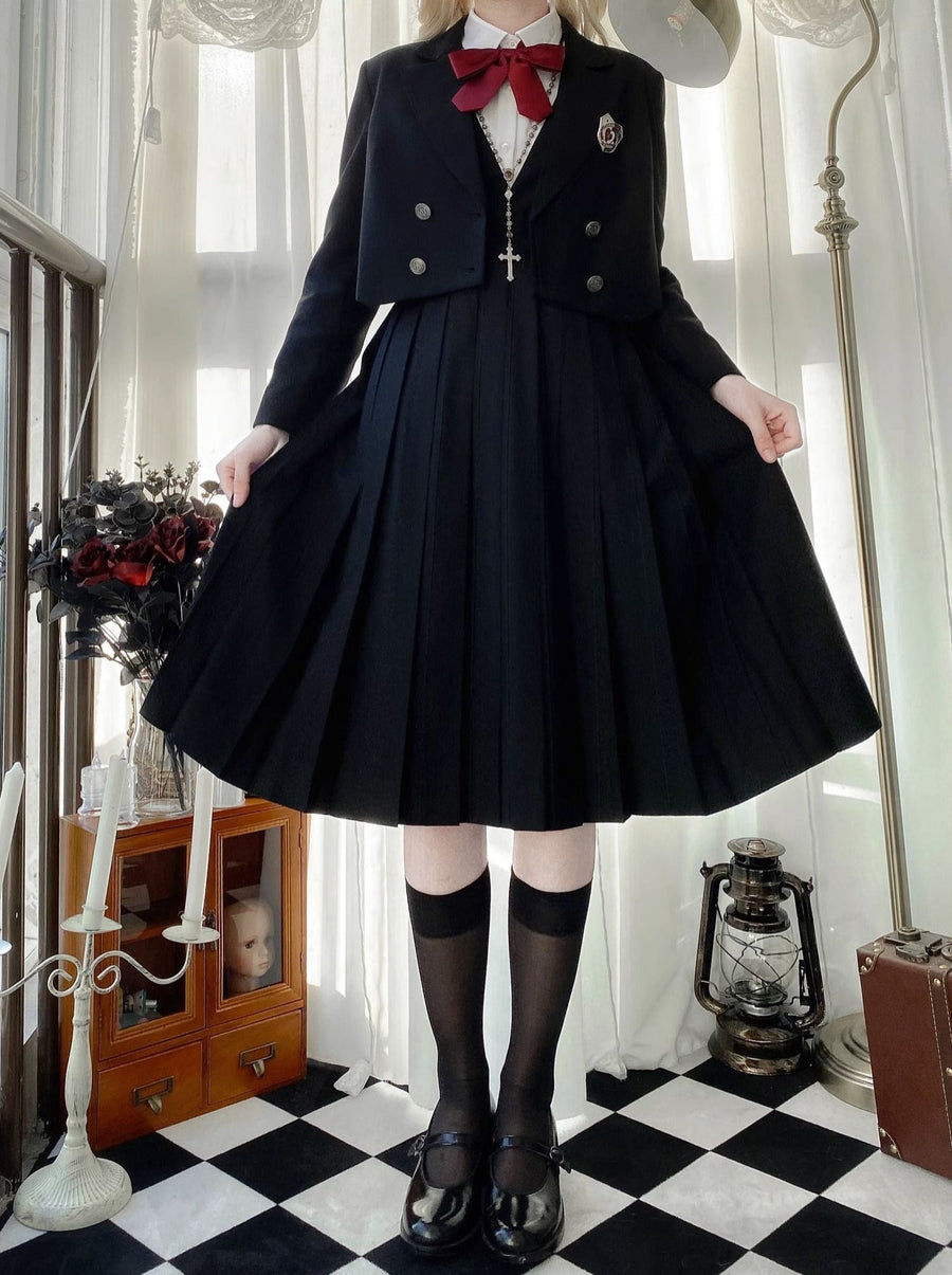Chemise de princesse blanche, veste courte, style robe à col en V, style collège, plissée noire
