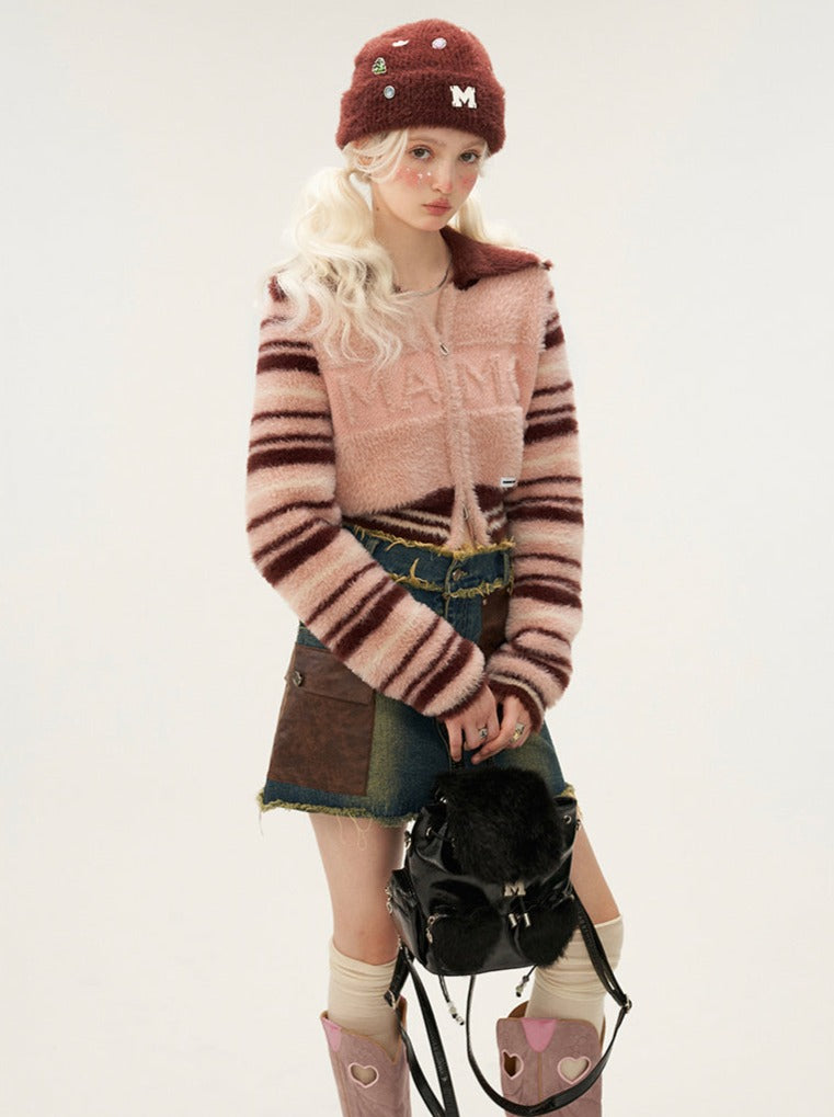 Gestreiftes Cardigan-Oberteil aus doppeltem Wollreißverschluss