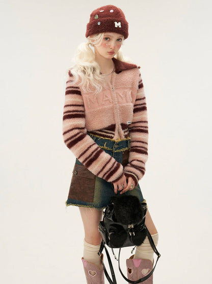 Gestreiftes Cardigan-Oberteil aus doppeltem Wollreißverschluss