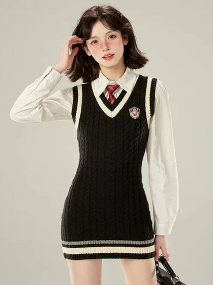 Strickkleid im College-Krawattenstil, weiße Weste, Hemd mit V-Ausschnitt