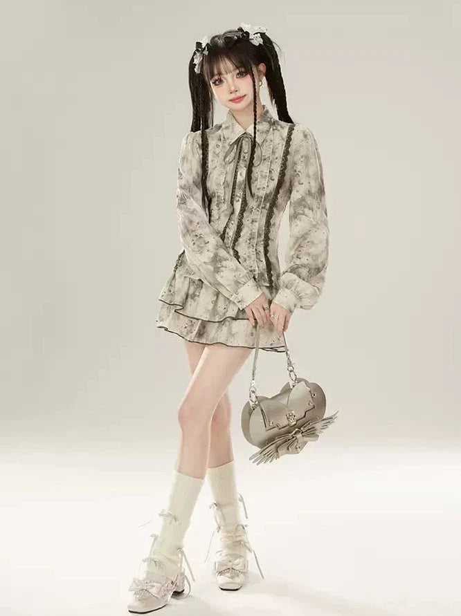 スーツのスプライスハイシャツ、インク汚れウエストレーススカート、かなり