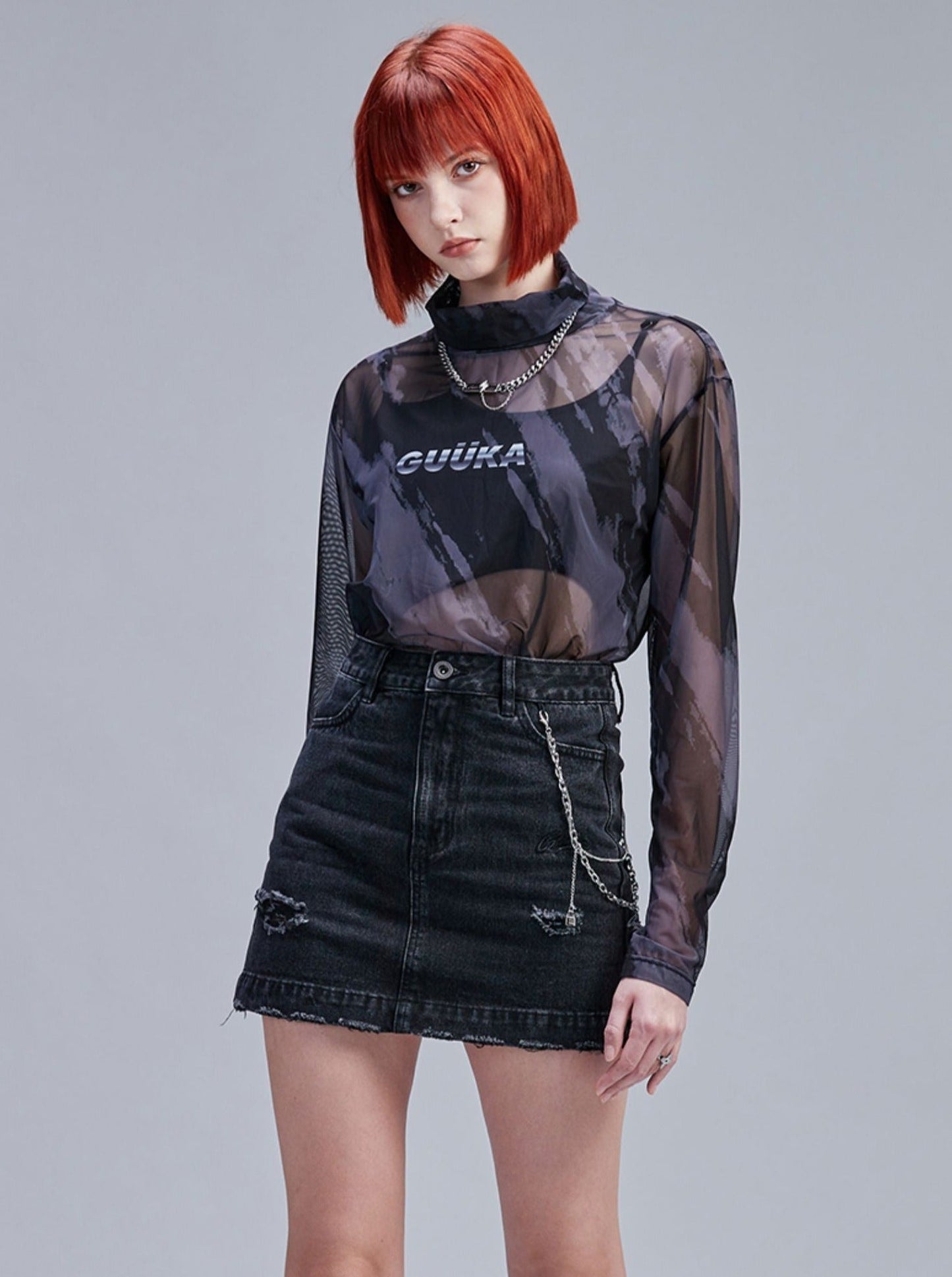 Slim Skin Mode Sheer Top Neck High Mesh