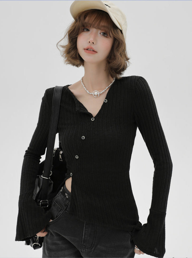 V-Knopf-Taille Slim Shirt Flaschenhals schräg