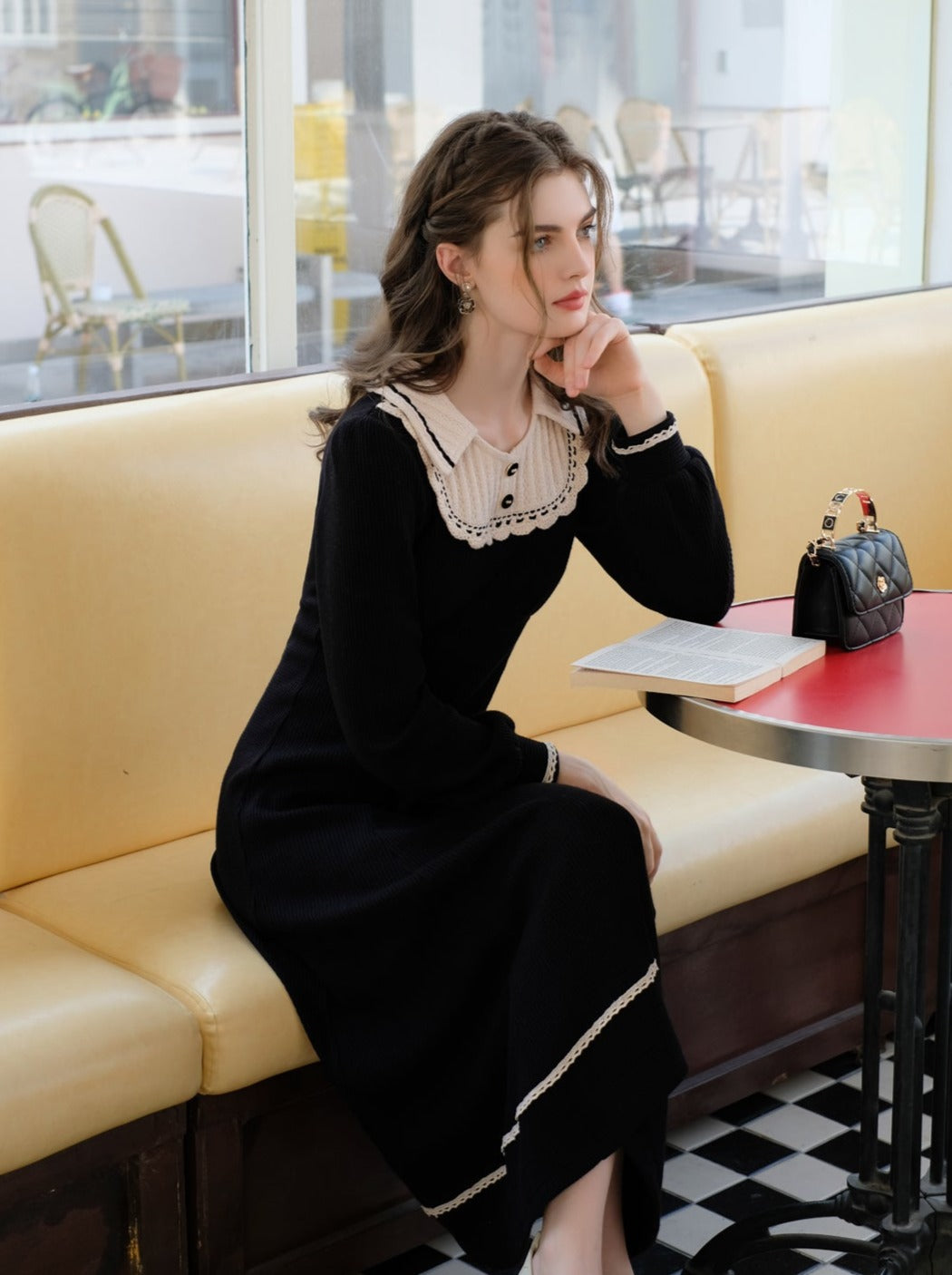 スプライシングブラックフレンチロングドレスラペルクイーンセレナーデニットクラシック