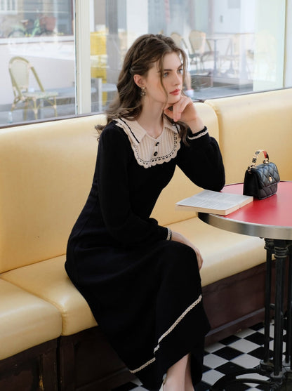 スプライシングブラックフレンチロングドレスラペルクイーンセレナーデニットクラシック