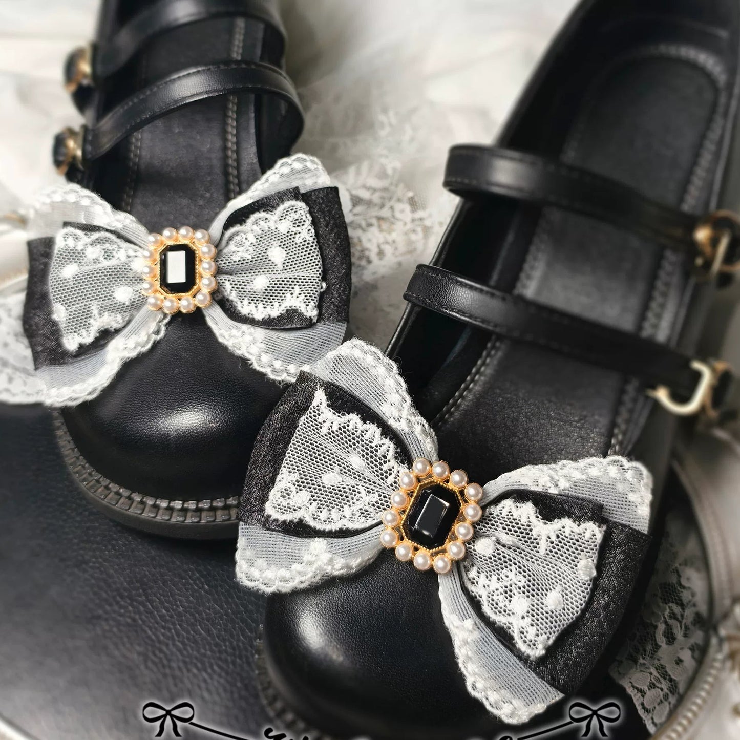 Handmade Heart Bow Shoe Clips with Lace & Pearl - Lolita Accessories