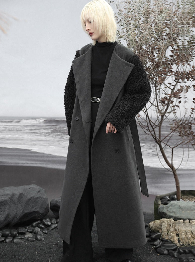 Wool Long Splice Coat Dark Mode