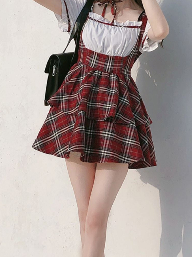 Hose Puff Scottish + Choker Ribbon Puffärmel Cake + Kariertes Kleid Rot