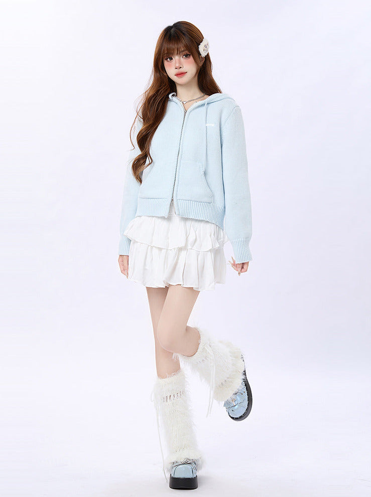 クリームニットフーディーブルーカーディガン