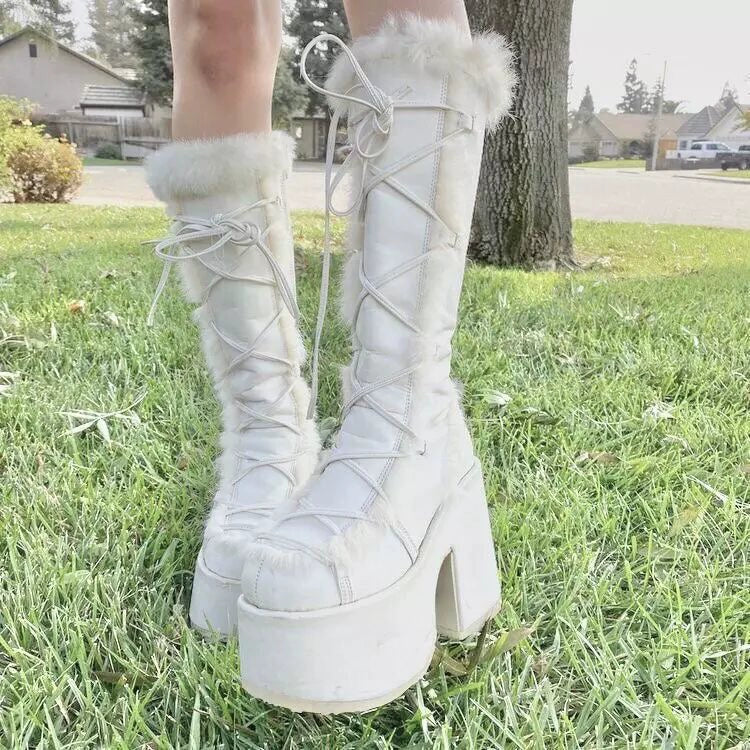 34-46 Y2K Snow Pu Fur Lace-up Thick Heel High Goth Platform Boots