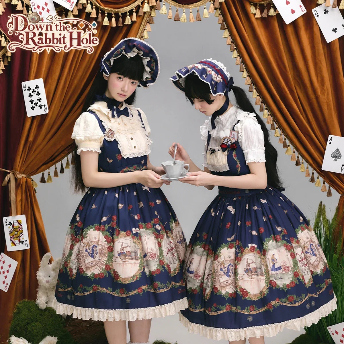 Down the Rabbit Hole navy OP and JSK dresses styled together