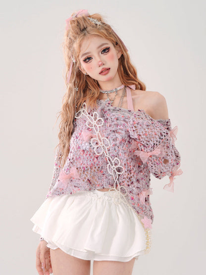 Durchbrochenes kurzes Band, rosa Blumenstrick