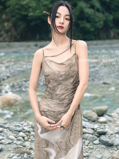 Print Suspender Draped Dress Retro Dark